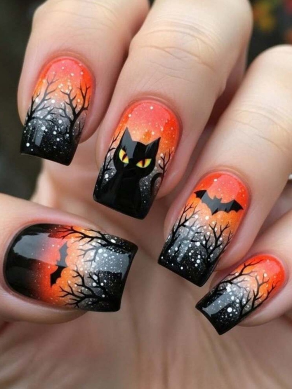 Halloween Cat & Bat Press-On Nails in Burnt Orange and Black